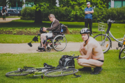 15 juin 2019 :14e édition de la Cyclonudista regroupant près de 100 cyclistes nus, habillés ou le corps peints aux couleur de la compétition cycliste prochaine démarrant à Bruxelles du Tour de France ainsi que des handicapés  pour attirer l’attention sur la vulnérabilité des cyclistes  en ville; Bruxelles, Belgique, Europe                                                                             15 June 2019: 14rd Cyclonudista edition gathering around 100 cyclists naked, in clothes or the body painted with colors of the Cyclist race the Tour de France to start from Brussels  as well as disabled people to raise awareness on cyclists vulnerability in the city,; Brussels, Belgium, Europe