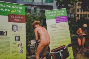 16 juin 2018: 13e édition de Cyclonudista regroupant près de 300 cyclistes nus ou habillés ainsi que des handicapés  pour attirer l’attention sur la vulnérabilité des cyclistes  en ville; Bruxelles, quartier européen, Belgique ;  Europe                                                                             16 June 2018: 13rd Cyclonudista edition gathering around 300 cyclists naked or in clothed  as well as disabled people to raise awareness on cyclists vulnerability in the city,; Brussels, European neighbourhood, Belgium; Europe