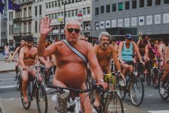 15 juin 2019 :14e édition de la Cyclonudista regroupant près de 100 cyclistes nus, habillés ou le corps peints aux couleur de la compétition cycliste prochaine démarrant à Bruxelles du Tour de France ainsi que des handicapés  pour attirer l’attention sur la vulnérabilité des cyclistes  en ville; Bruxelles, Belgique, Europe                                                                             15 June 2019: 14rd Cyclonudista edition gathering around 100 cyclists naked, in clothes or the body painted with colors of the Cyclist race the Tour de France to start from Brussels  as well as disabled people to raise awareness on cyclists vulnerability in the city,; Brussels, Belgium, Europe