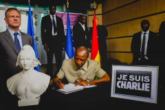 11 janvier 2015: manifestation organisée par l'Ambassade de France en Guinée avec la participation du Président de la République de Guinée Alpha Condé et de l'ambassadeur de France en Guinée Bertrand Cochery, en soutien aux victimes du terrorisme après l'attentat contre Charlie Hebdo à Paris quelques jours plus tôt Conakry, République de Guinée, Afrique de l'Ouest                               11 January 2015: Demonstration organized by the French Embassy in Guinea with the participation of President of Republic of Guinea Alpha Condé and the French Ambassador in Guinea Bertrand Cochery, in support of terrorism victims after terrorists attack in Paris a few days before against Charlie Hebdo, Conakry, Republic of Guinea, West Africa